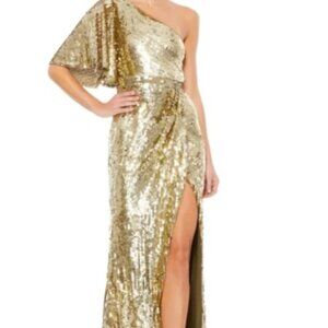 Mac Duggal 93540 Gold NWT 16 One shoulder Gown high slit